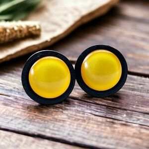 Yellow Resin Black Wood Unisex Stud Earrings - Stylish & Versatile Accessories